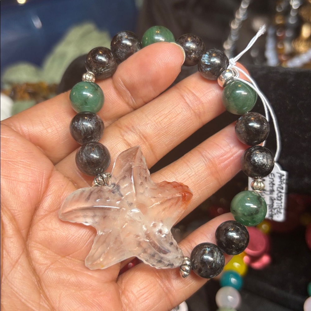 Fire Quartz Starfish With Arfvedsonite And African Green Quartz